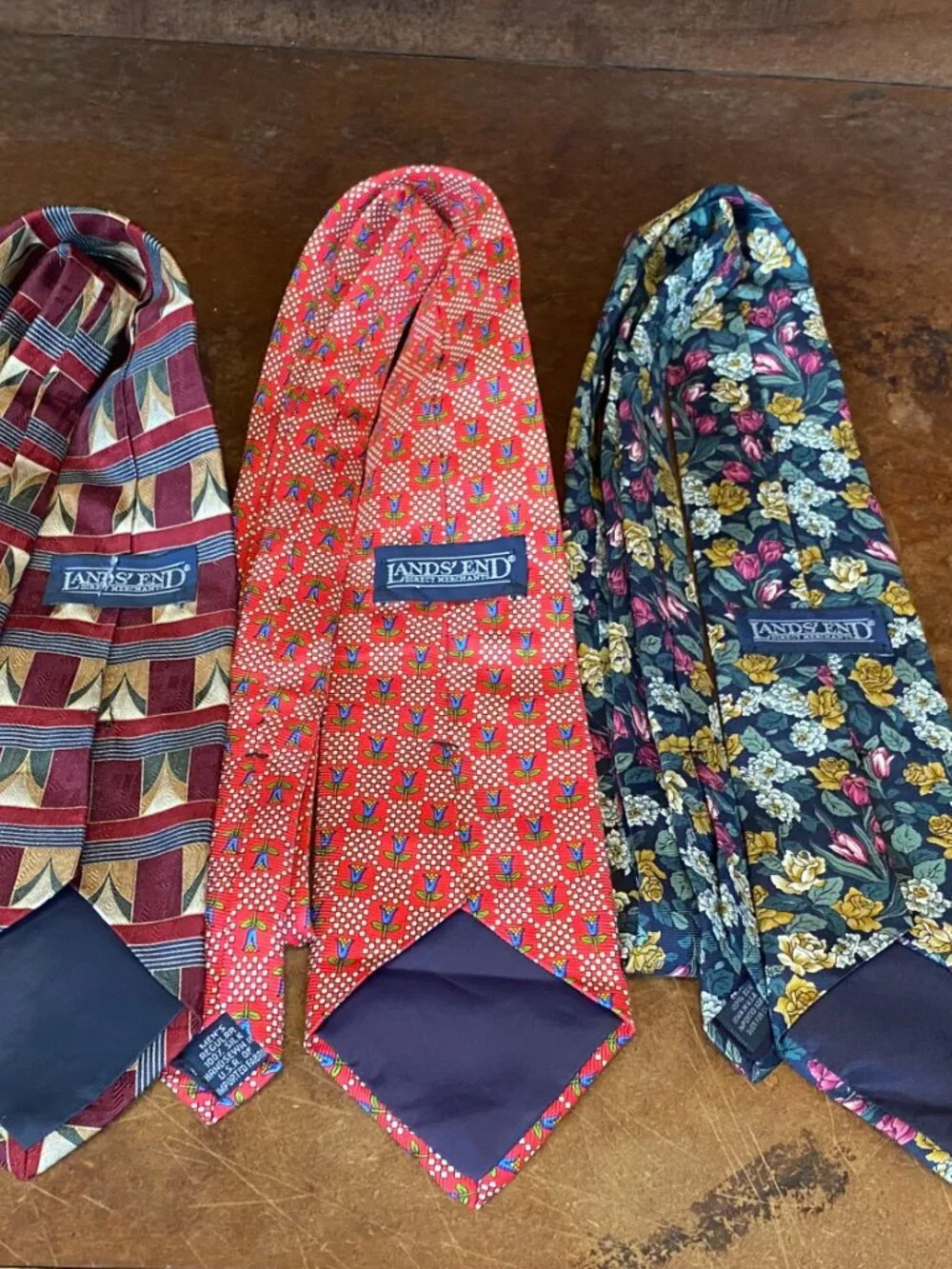 LOT of THREE Ties Lands End Silk Flowers Tulips Paisley Vintage Tie Made in USA